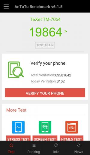 Результат TeXet TM-7054 в тесте Antutu Результат TeXet TM-7054 в тесте Antutu